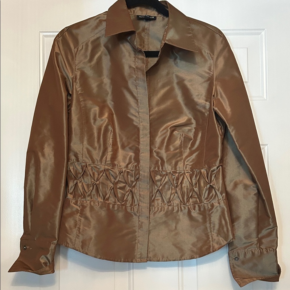 Hilton Hollis Bronze Satin Smocked Waist Blouse 10 Quiet Luxury Formal Old Money